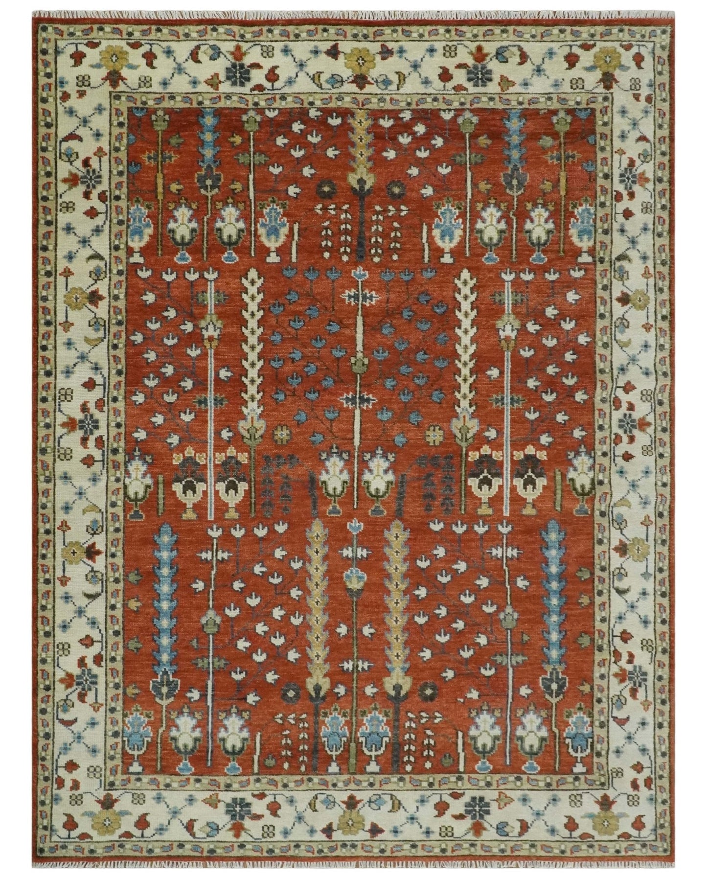 Tree of Life Rust and Ivory Traditional Hand Knotted Turkish Design Wool Area Rug