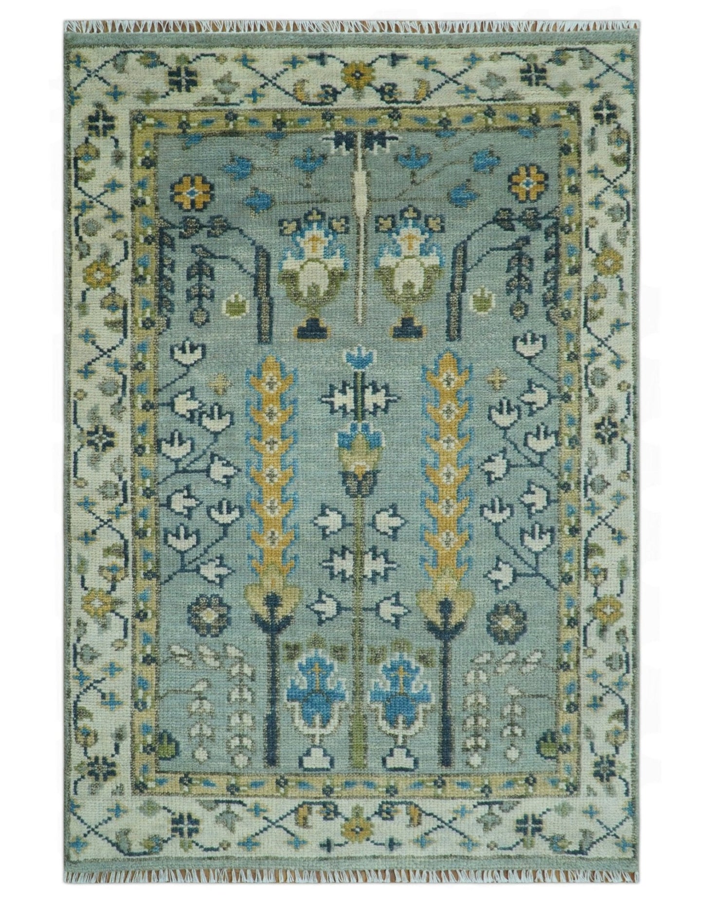 Tree of life Silver and Ivory Hand Knotted Traditional Oushak Multi Size Wool Area Rug