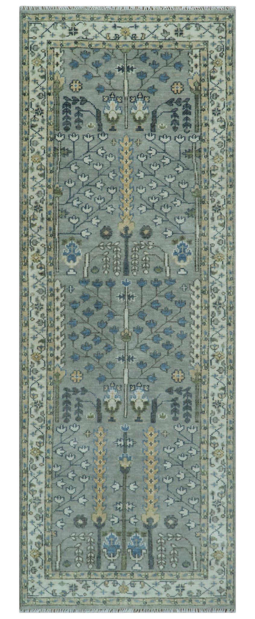 Tree of life Silver and Ivory Hand Knotted Traditional Oushak Multi Size Wool Area Rug