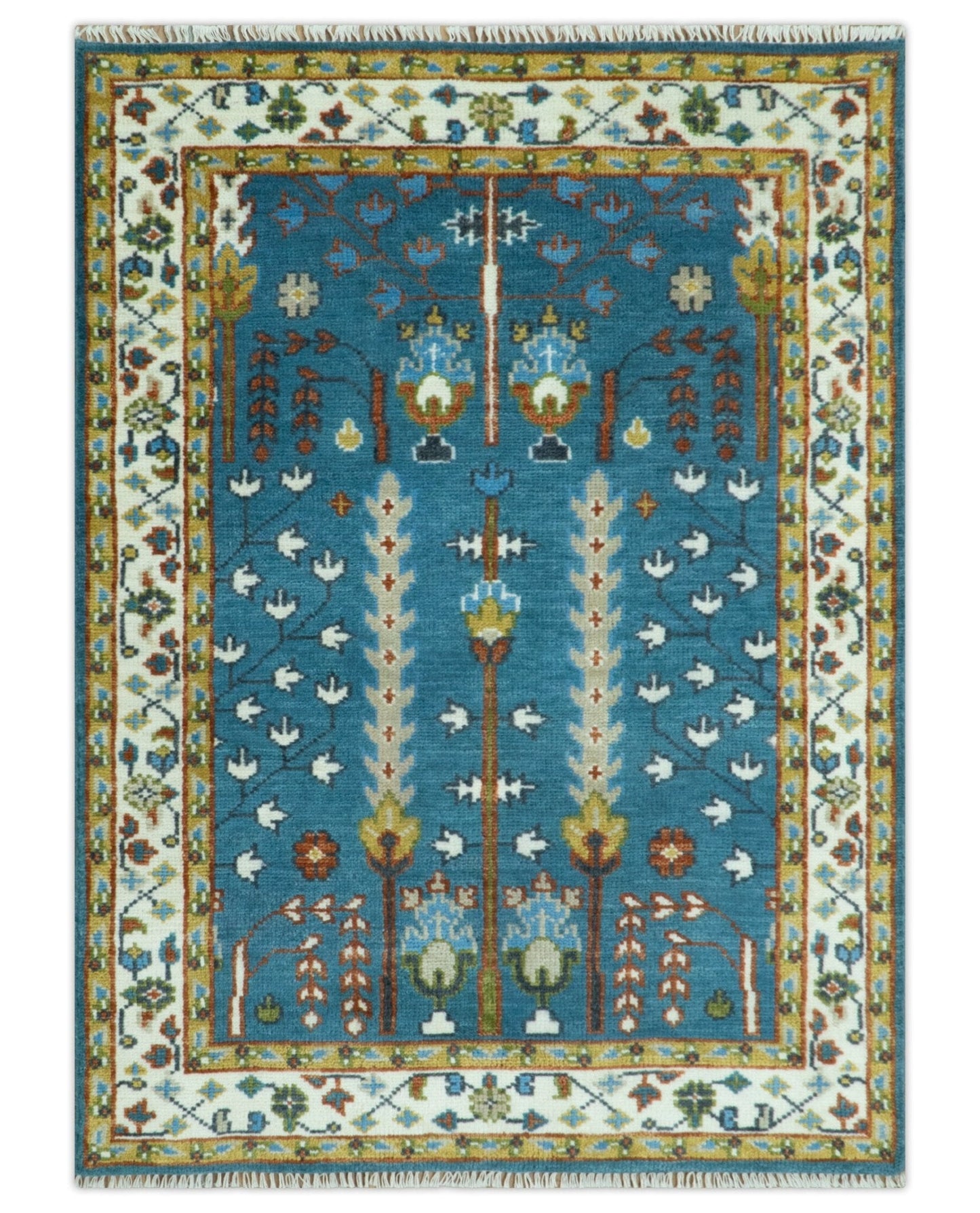 Tree of Life Traditional Hand Knotted Teal Blue and Ivory Custom Made Wool Area Rug