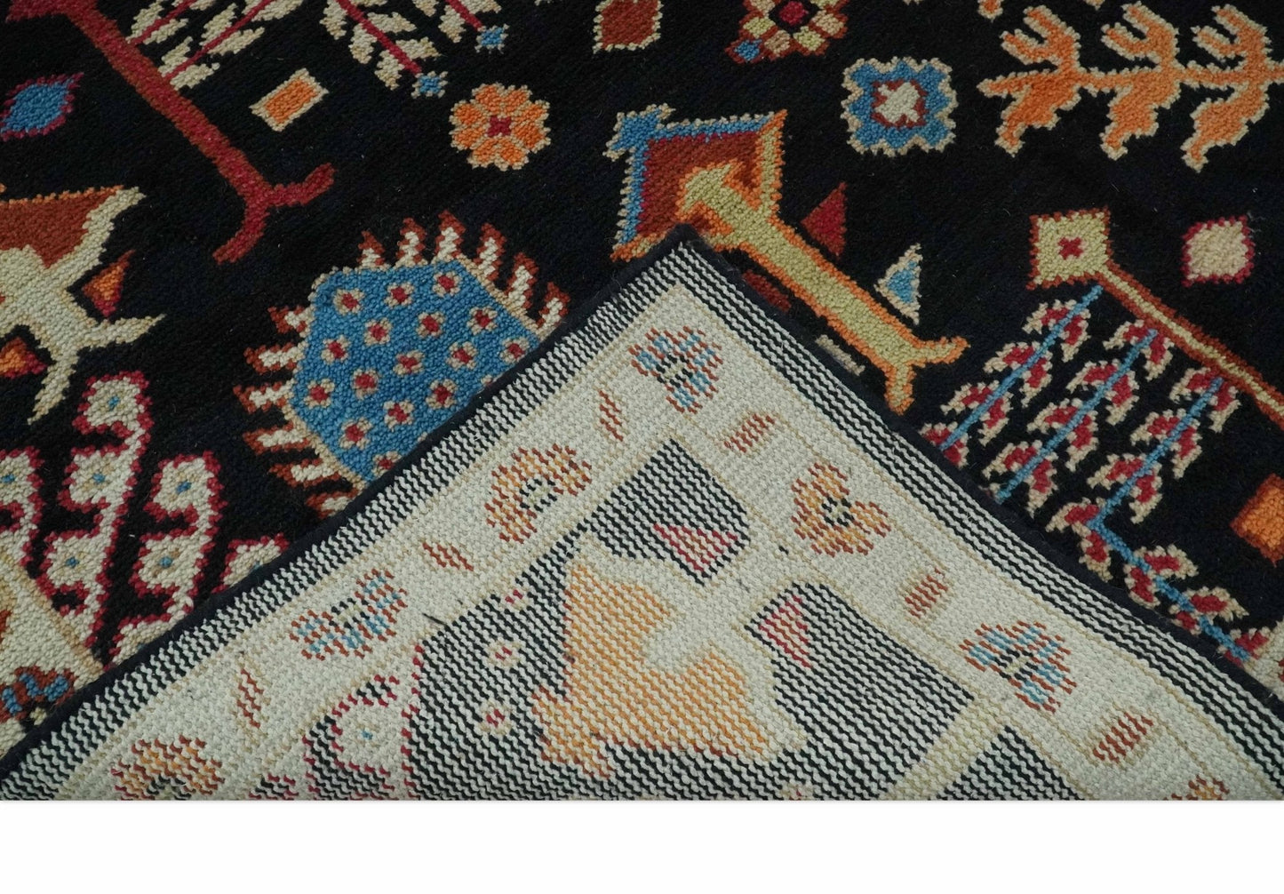 Tree of life Vibrant colorful Black, Beige, Peach and Blue Hand Knotted Traditional Oushak Custom Made wool area Rug
