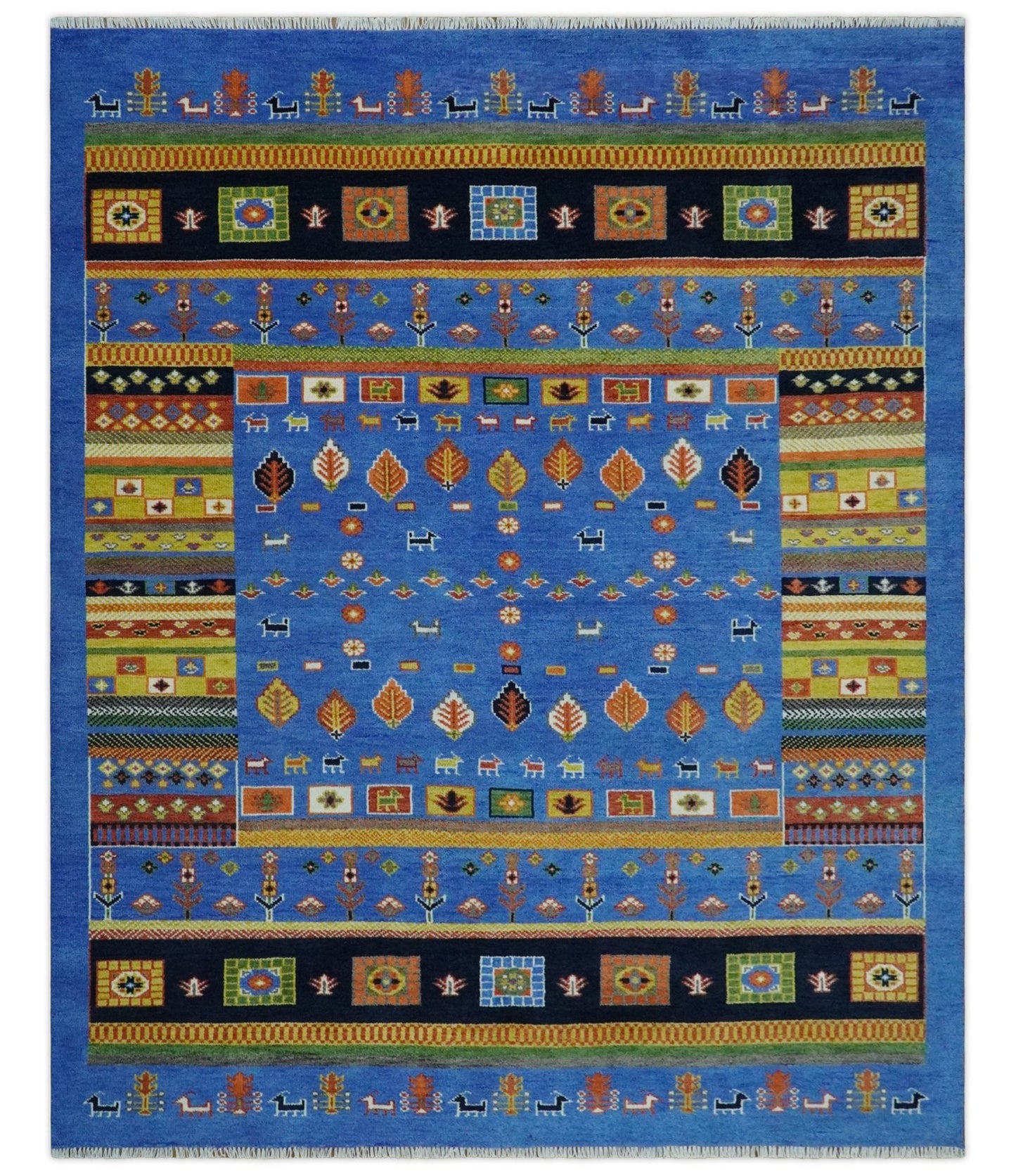 Tribal Gabbeh Blue, Black, Green and Rust Hand knotted Antique Look Traditional Wool Area Rug
