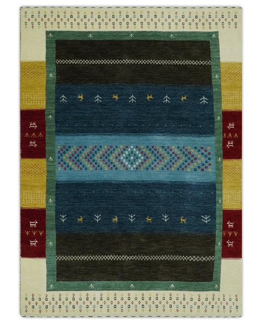 Tribal Gabbeh Blue, Gold, Maroon and Ivory Stripes design Traditional Wool Area Rug