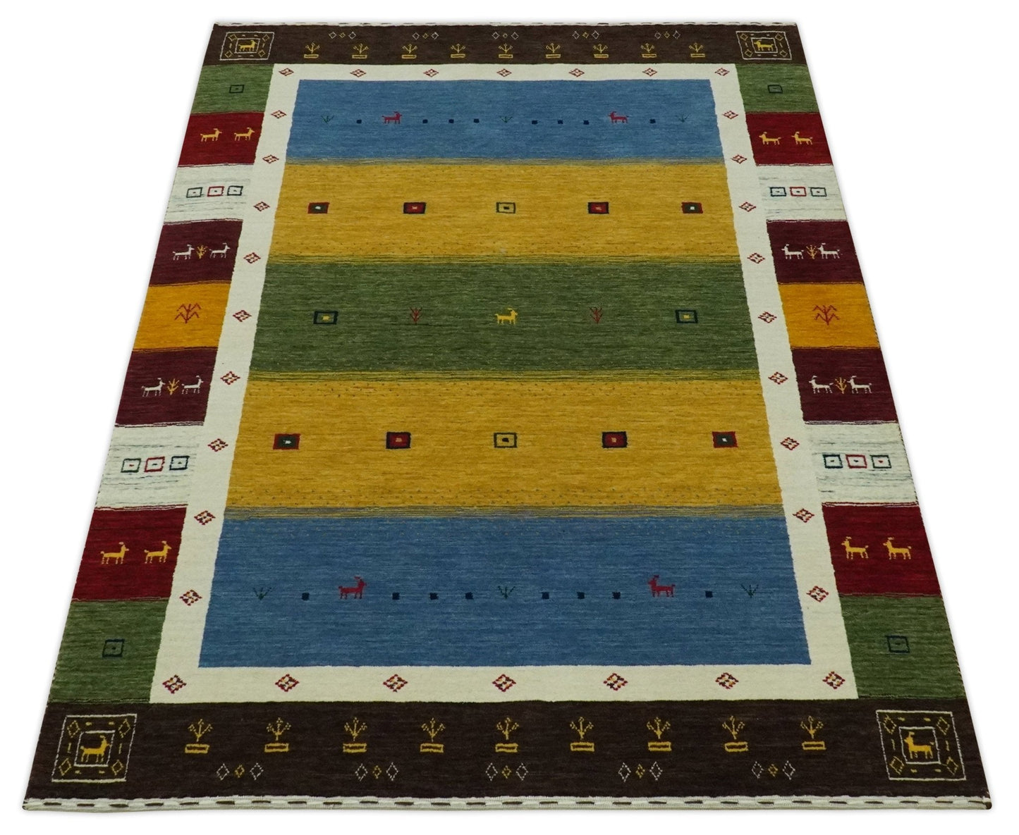 Tribal Gabbeh Green, Gold, Blue, Maroon and Ivory Stripes design Traditional Wool Area Rug