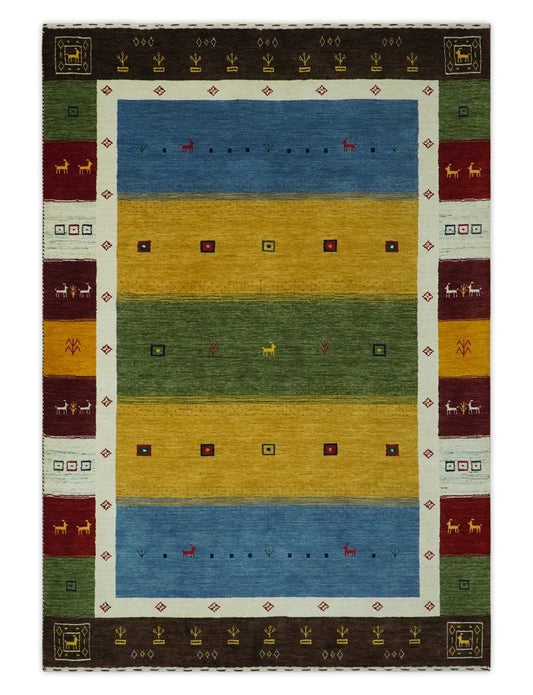 Tribal Gabbeh Green, Gold, Blue, Maroon and Ivory Stripes design Traditional Wool Area Rug