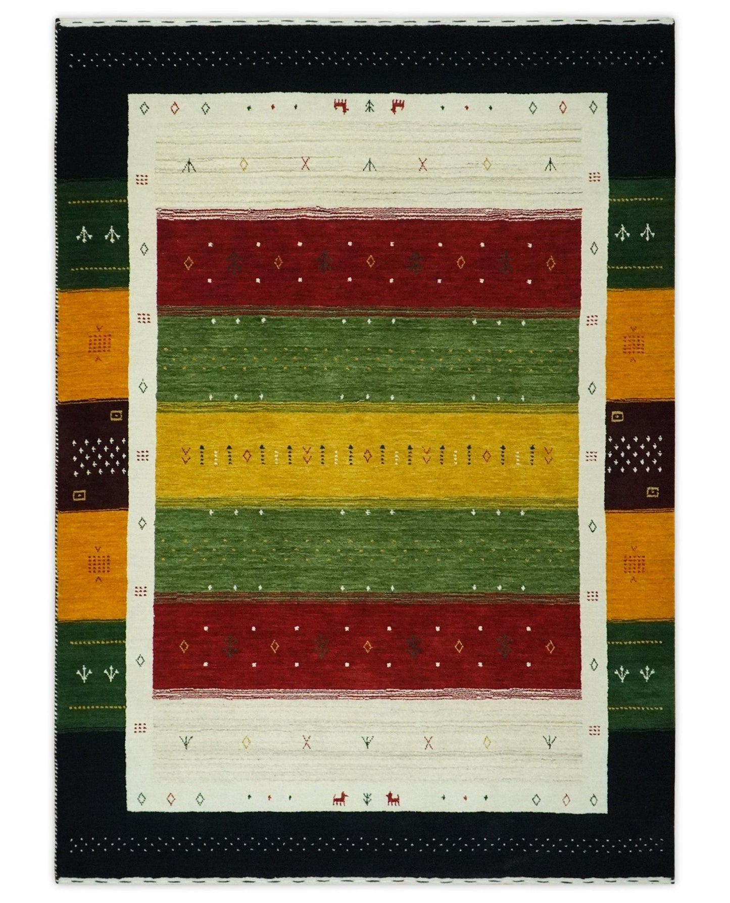 Tribal Gabbeh Green, Gold, Ivory, Maroon and Black Stripes design Traditional Hand loom Wool Area Rug