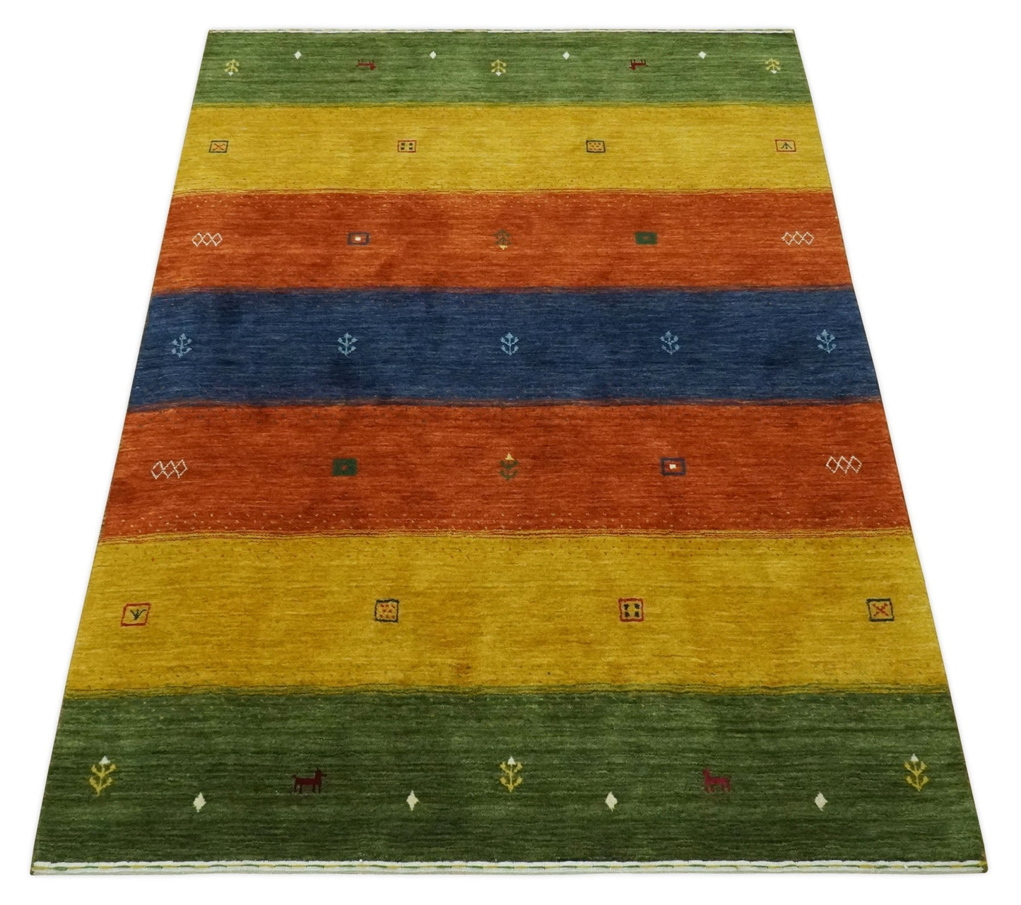 Tribal Gabbeh Green, Gold, Rust and Blue Stripes Design Multi Size Wool area Rug