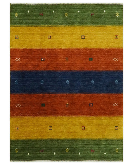 Tribal Gabbeh Green, Gold, Rust and Blue Stripes Design Multi Size Wool area Rug