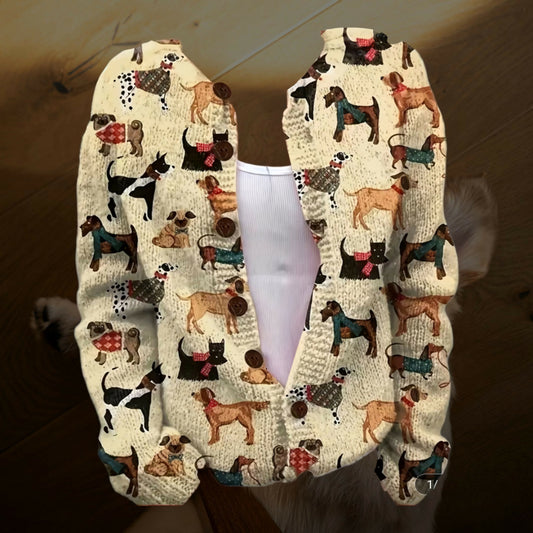 Anytime Crystals Tan Dog Breed Print Long Sleeve Cardigan Sweater