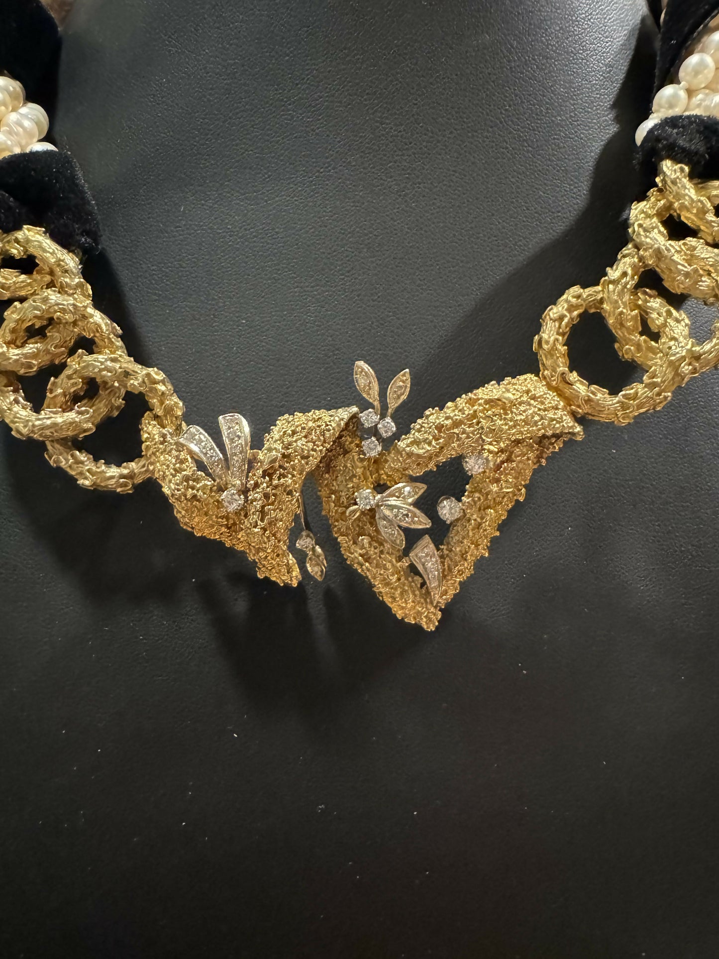 Vintage 14K Gold, Diamond & Nine-Strand Baroque Pearl Couture Necklace Runway