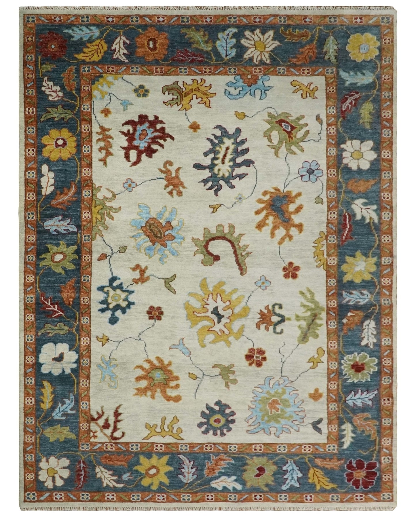 Vibrant Colorful Hand Knotted Ivory, Teal and Rust Traditional Oushak Multi size Wool Area Rug