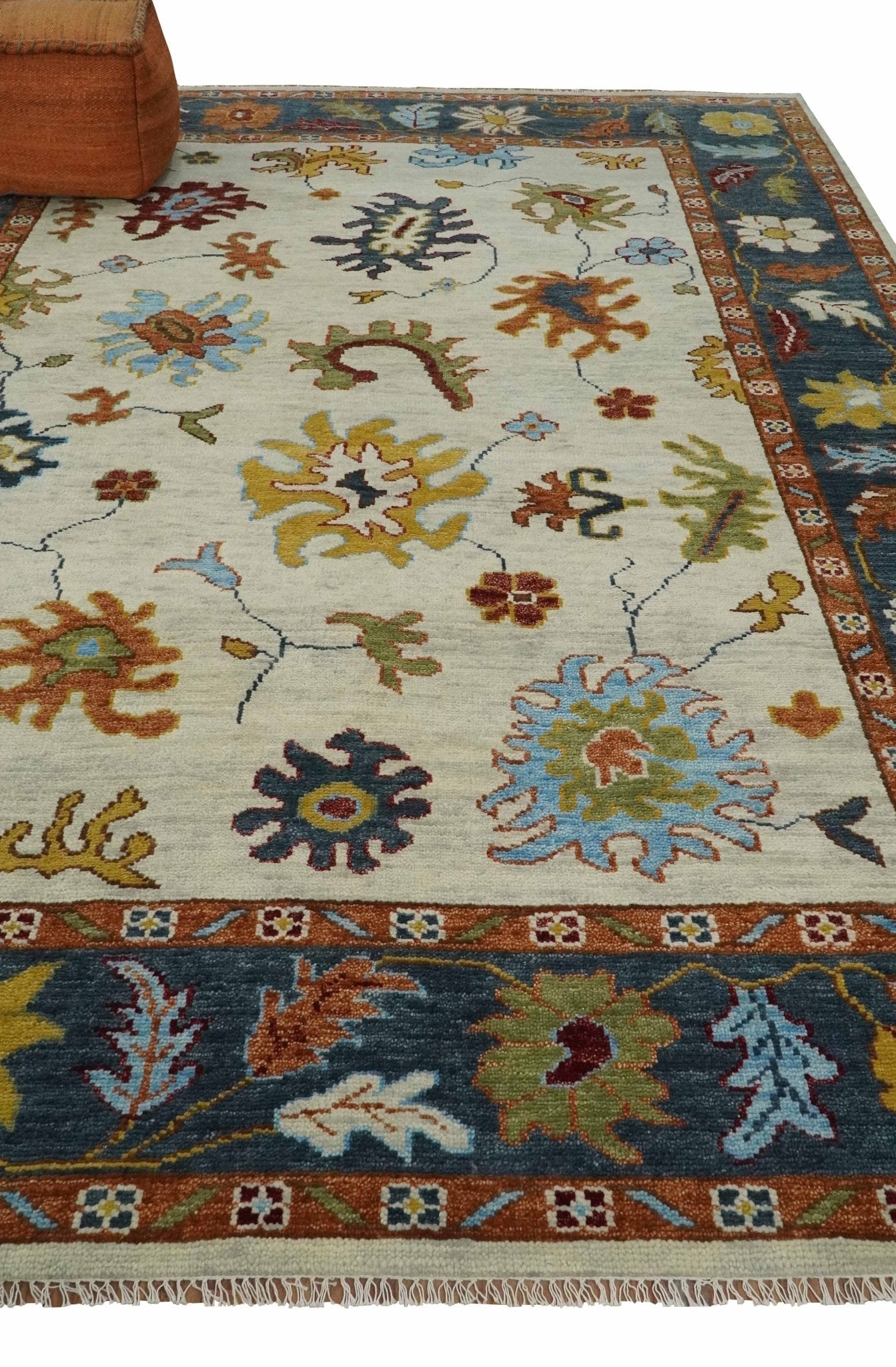 Vibrant Colorful Hand Knotted Ivory, Teal and Rust Traditional Oushak Multi size Wool Area Rug