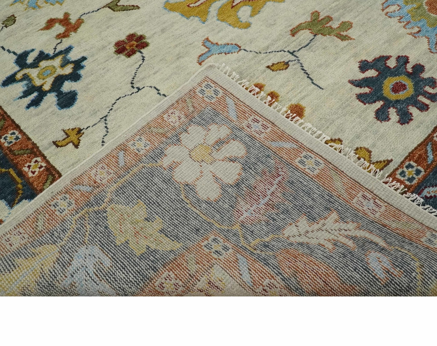 Vibrant Colorful Hand Knotted Ivory, Teal and Rust Traditional Oushak Multi size Wool Area Rug