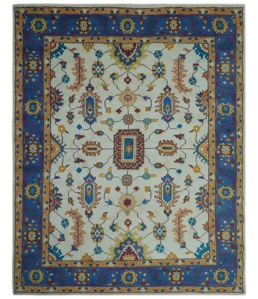 Vibrant Colorful Ivory, Blue, Beige and Peach Hand Knotted Traditional Floral Oriental Oushak Multi Size wool Area Rug