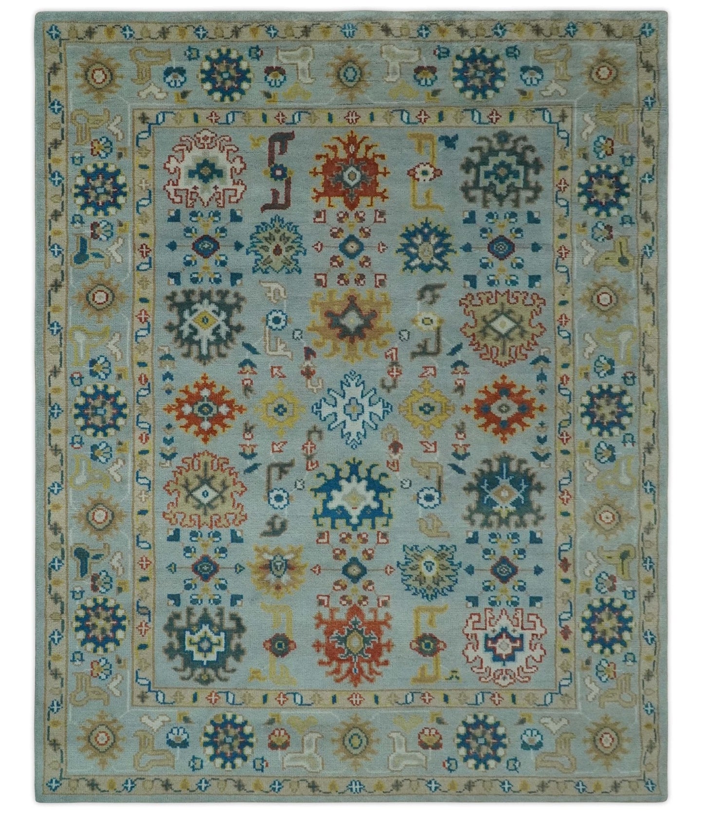 Vibrant Colorful Light Blue, Mustard, Brown and Blue Hand Knotted Traditional Oushak Multi Size wool Area Rug