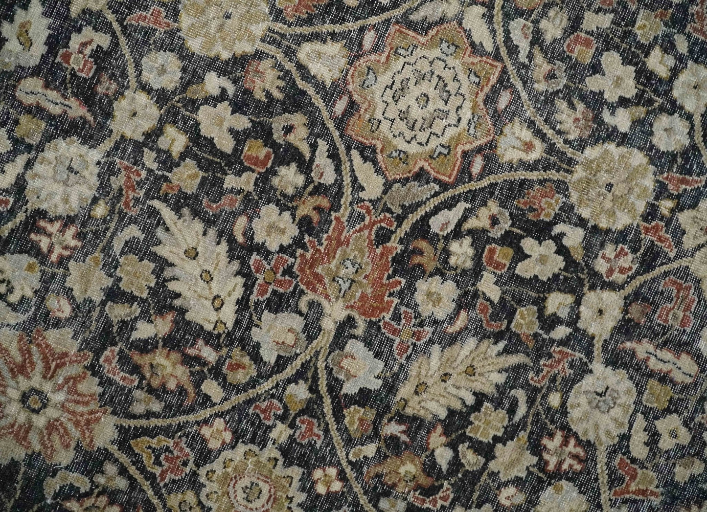 Vintage Hand Knotted Traditional Black, Rust and Beige Antique Textured Low Pile Distressed Wool Rug
