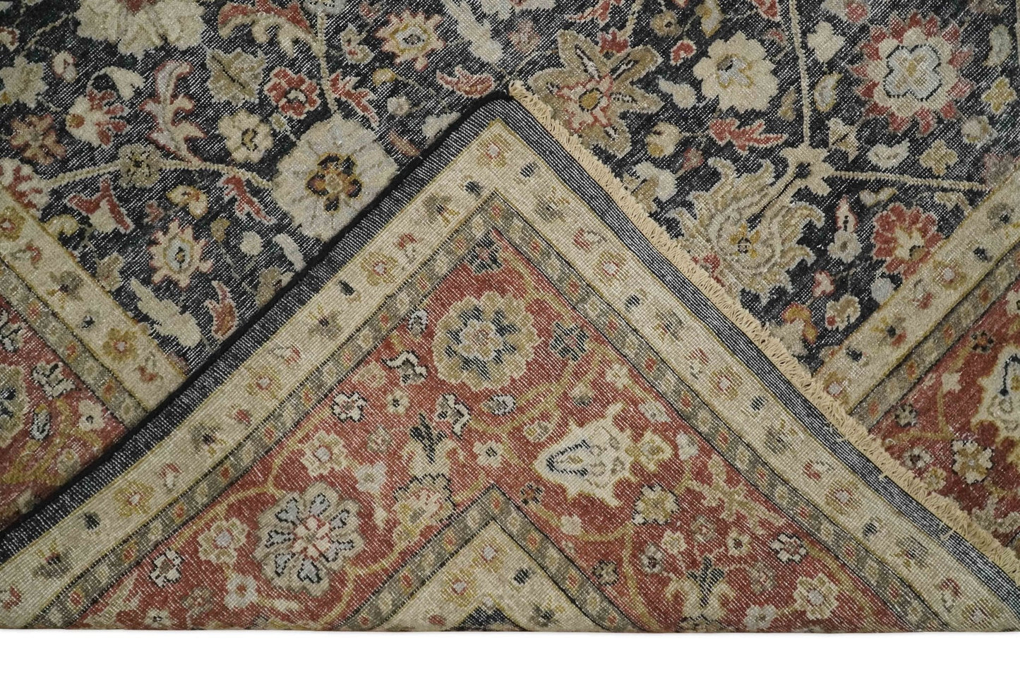 Vintage Hand Knotted Traditional Black, Rust and Beige Antique Textured Low Pile Distressed Wool Rug
