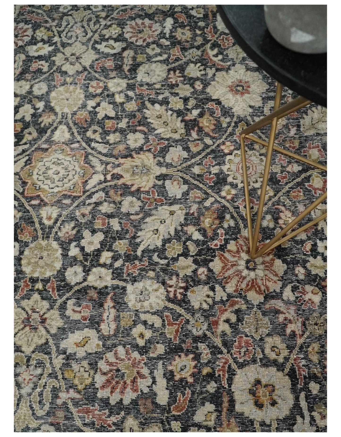 Vintage Hand Knotted Traditional Black, Rust and Beige Antique Textured Low Pile Distressed Wool Rug