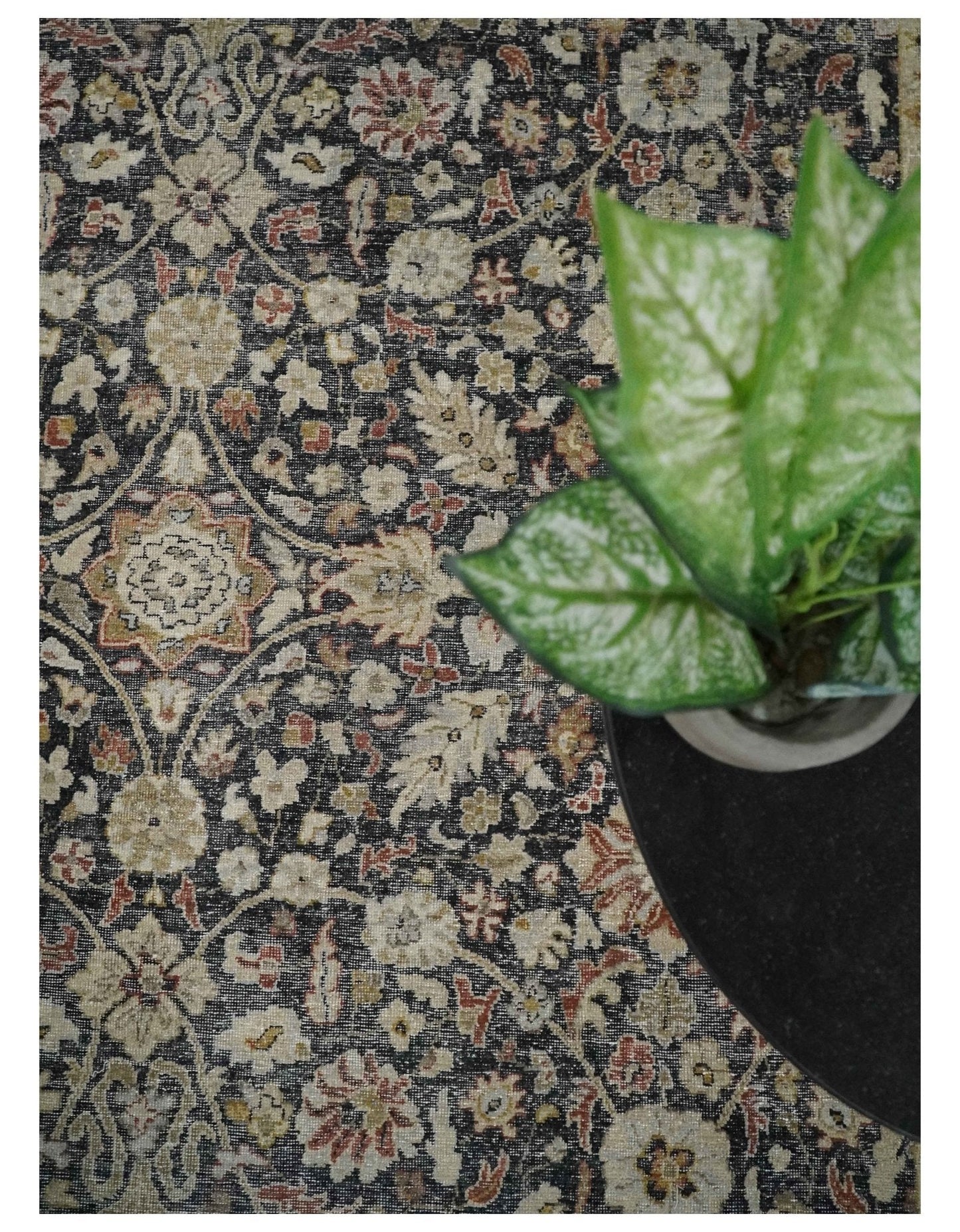 Vintage Hand Knotted Traditional Black, Rust and Beige Antique Textured Low Pile Distressed Wool Rug