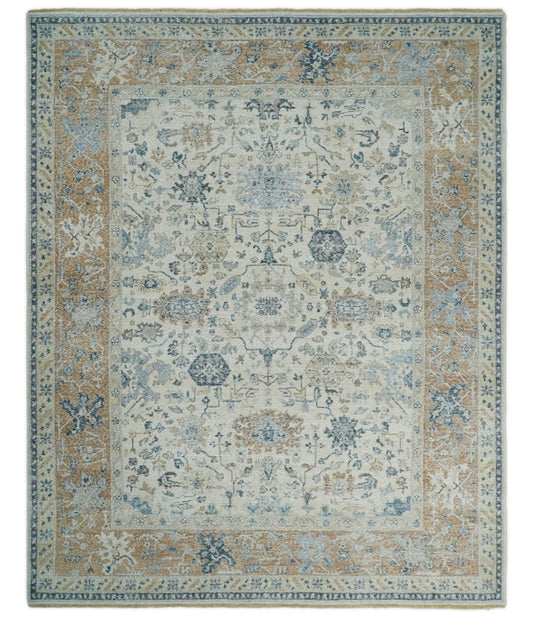 Vintage Style Ivory and Rust Traditional Oxidized Textured Low Pile Multi Size Wool Rug