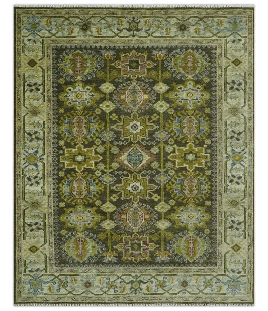 Vintage Style Earthy Green and Silver Traditional Hand Knotted Multi Size wool area rug