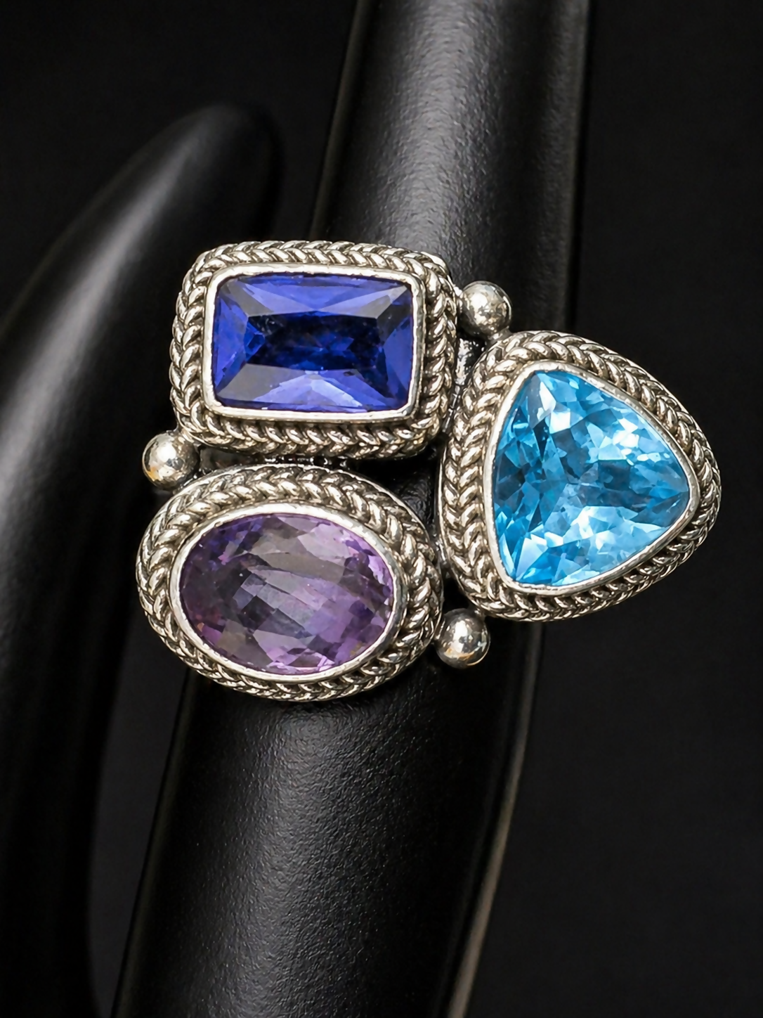 Sterling Topaz Iolite and Amethyst ring size 6