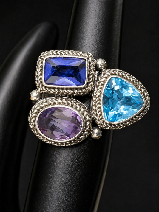 Sterling Topaz Iolite and Amethyst ring size 6