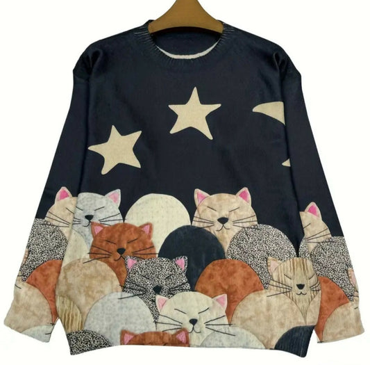 Anytime Crystals Navy Blue All Over Cat Print Long Sleeve Sweater