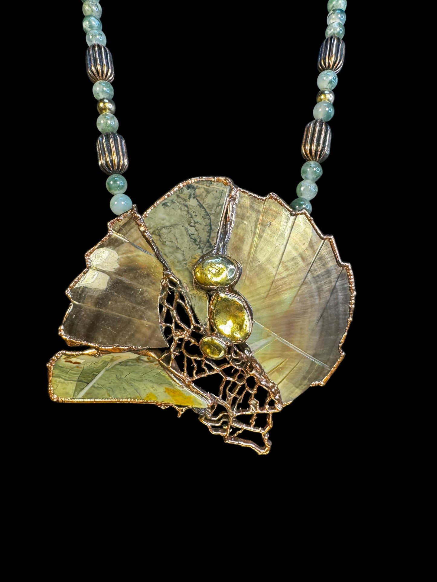 Handcrafted Electroformed Copper Statement Necklace | Moss Agate Beads | Organic Shell Slice Pendant | Artisan One-of-a-Kind 24”